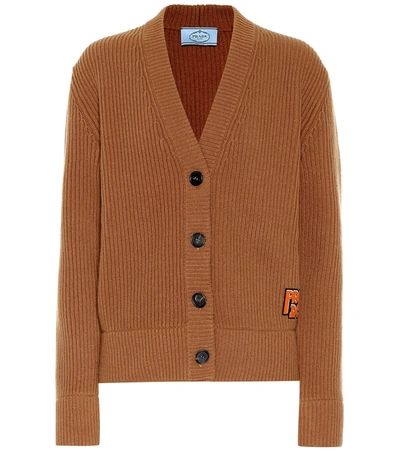 Prada Appliquéd Ribbed Wool And Cashmere-blend Cardigan In Brown