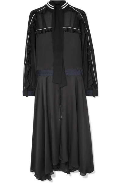 Sacai Ruffled Pleated Satin And Chiffon Maxi Dress In Black