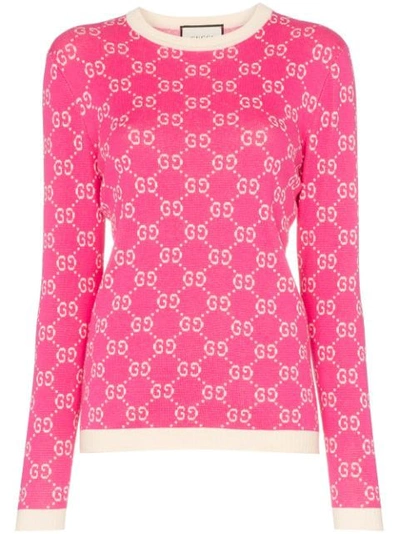 Gucci Logo Intarsia Cotton Knit Sweater In Pink