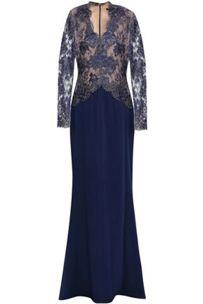 Reem Acra Paneled Metallic Lace And Silk-crepe Gown In Navy