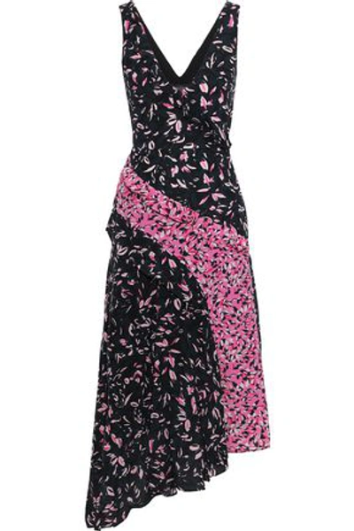 Saloni Woman Aggie Paneled Printed Silk Crepe De Chine Midi Dress Navy