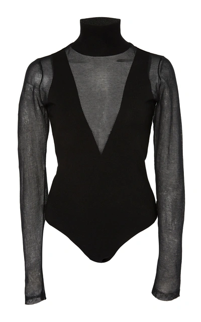 Zeynep Arcay Mesh-paneled Stretch-knit Turtleneck Bodysuit In Black