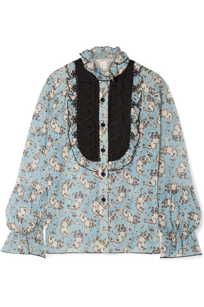 Anna Sui Ruffled Crochet-trimmed Printed Silk-chiffon Blouse In Light Blue
