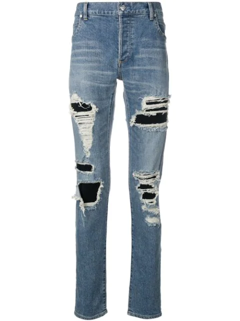 Balmain Skinny-Fit Panelled Distressed Denim Jeans In 6Aa Bleu | ModeSens