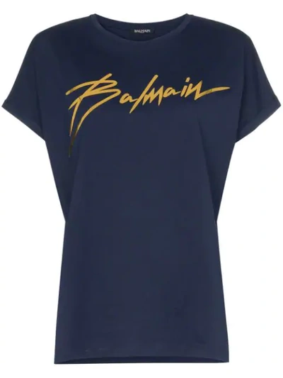 Balmain Foil Logo Crew Neck T In Blue