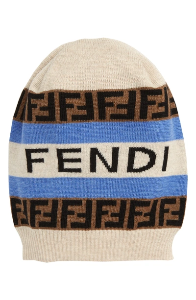 Fendi Ff Logo Wool Soccer Beanie In Light Blue/ Beige