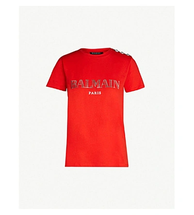 Balmain Logo-print Cotton-jersey T-shirt In Red