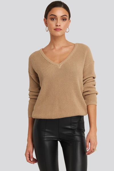Na-kd Deep Front V-neck Knitted Sweater Beige | ModeSens