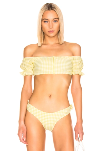 Jonathan Simkhai Gingham Puff Sleeve Bikini Top In Lemonade White