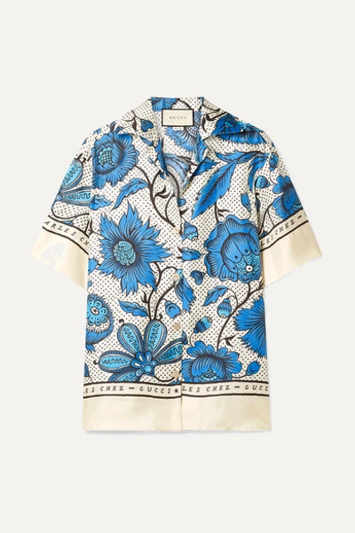 Gucci Alsacienne-print Silk-faille Bowling Shirt In Blue