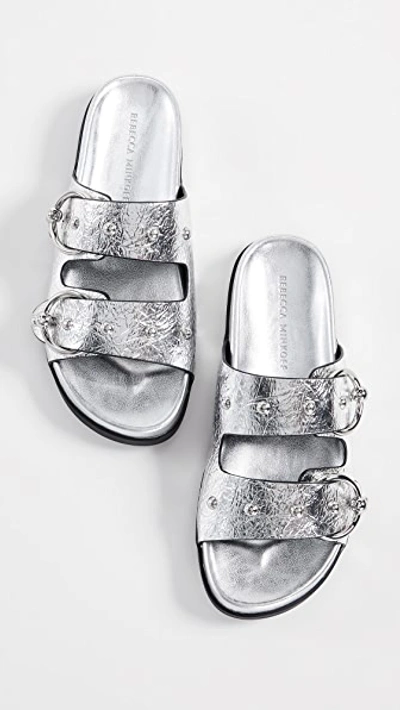 Rebecca Minkoff Vachel Metallic Buckled Slides In Silver