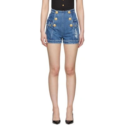 Balmain Button-embellished Distressed Denim Shorts In Blue