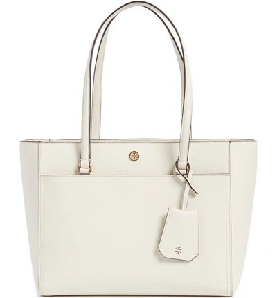 Tory Burch Small Robinson Leather Tote In Birch / Shell Pink