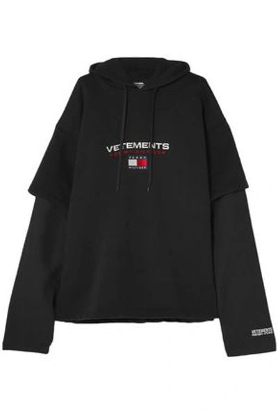 Vetements Woman Layered French Cotton-blend Terry Hooded Sweatshirt Black