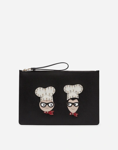 Dolce & Gabbana Clutch In Dauphine Calfskin With Designers' Patches In Black
