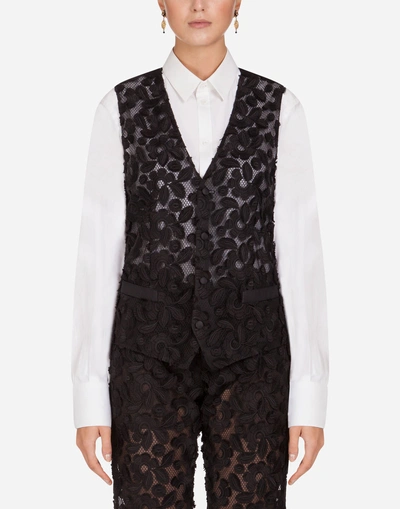 Dolce & Gabbana Mesh Vest With 3d Floral Embroidery In Black