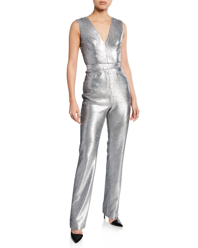 Pamella Roland Sequined Plunging-neck Jumpsuit In Silver