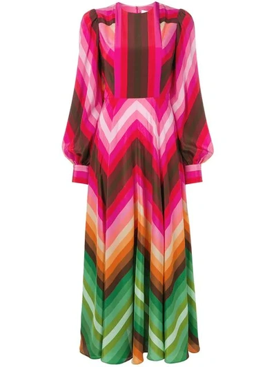 Valentino Long-sleeve Rainbow-print Long Silk Dress In Pink