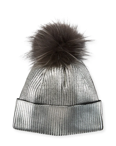 Jocelyn Fox Fur Pom-pom Metallic Beanie In Silver/black