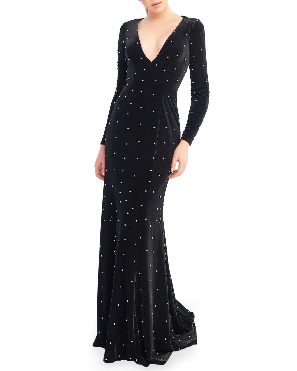 Mac Duggal Long Sleeve Pearly Velvet Sheath Gown In Black Modesens