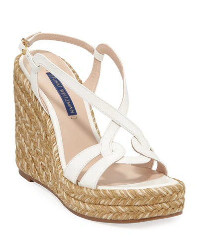 Stuart Weitzman Coquille Leather Wedge Espadrilles In Cream