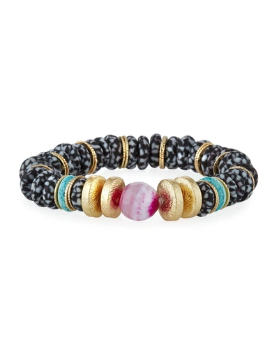 Akola Agate, Bone & Glass Stretch Bracelet, Black In Multi