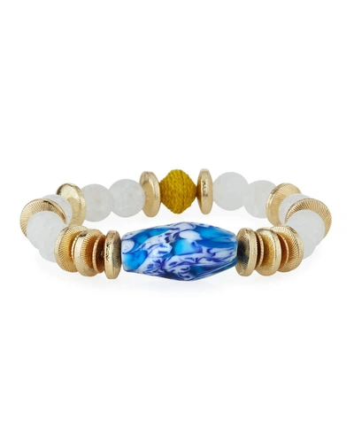 Akola Quartz, Glass & Raffia Stretch Bracelet, Blue/white In Multi