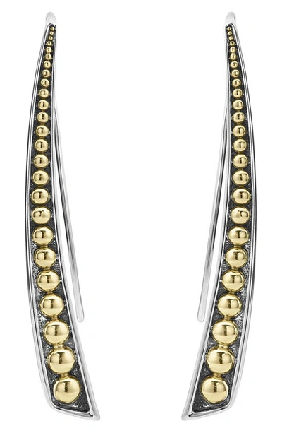Lagos Signature Caviar Linear Curve Earrings W/ 18k Gold In Silver