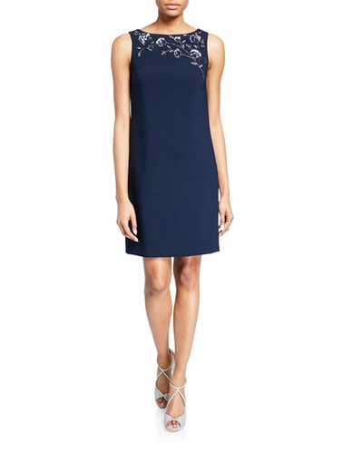 Theia Bateau-neck Sleeveless Crepe Shift Dress W/ Floral Beaded Detail In Navy
