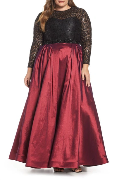 Mac Duggal Plus Size Long-sleeve Satin Ball Gown With Sequin Bodice In Burgundy