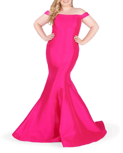 Mac Duggal Plus Size Off-the-shoulder Short-sleeve Trumpet Gown In Hot Pink