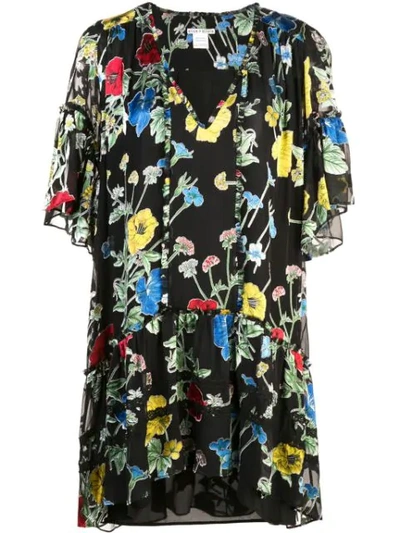 Alice And Olivia Pauline Floral-print Ruffle Tunic Mini Dress In Black