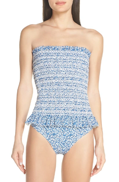 Tory Burch Strapless Smocked One-piece Swimsuit In Blue Keepsake