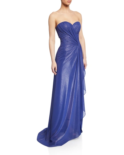 Rene Ruiz Strapless Shirred Bustier Gown With Side Drape In Royal