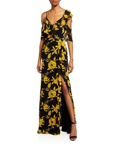 Jay Godfrey Malley Floral-print Cold Shoulder Asymmetric Ruffle Gown W/ Side Slit In Black