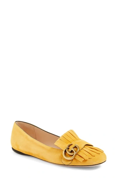 Gucci Marmont Fringe Suede Ballerina Flat In Yellow