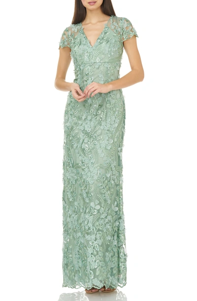 Carmen Marc Valvo Infusion Petals Embellished Gown In Celadon