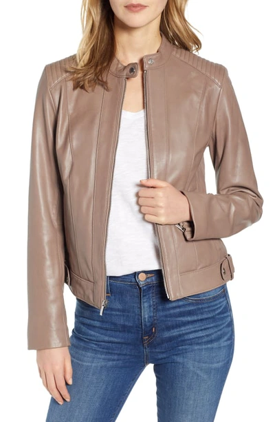 Cole Haan Leather Moto Jacket In Taupe