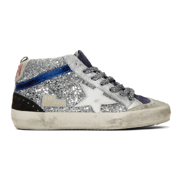 Golden Goose Mid Star Glittered Distressed Leather And Suede Sneakers In Silver | ModeSens