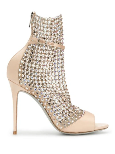 René Caovilla Galaxia Crystal Mesh Snakeskin-embossed Metallic Leather Sandals In Copper