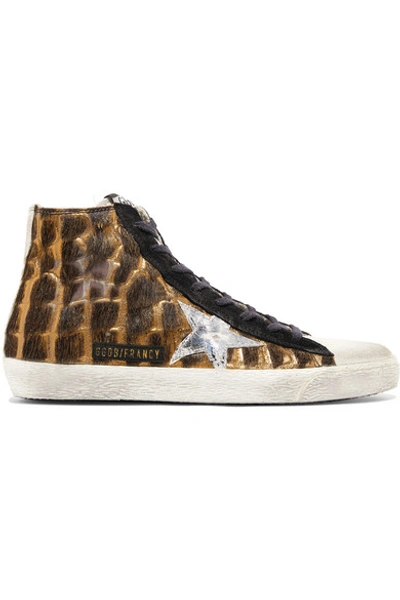 Golden Goose Francy Distressed Calf Hair And Suede High-top Sneakers In Leopard Print