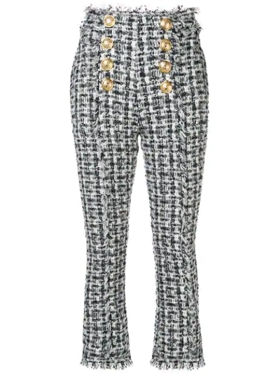 Balmain Cropped Button-embellished Tweed Bootcut Pants In Sab Bleu/blanc