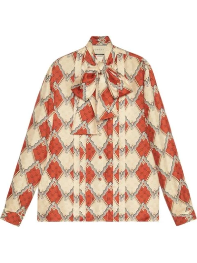 Gucci Silk Shirt With Snake Rhombus Print In Red/ Ivory Printed