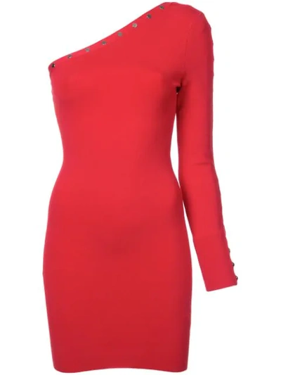 Alexander Wang One-shoulder Snap-sleeve Bodycon Dress In Red