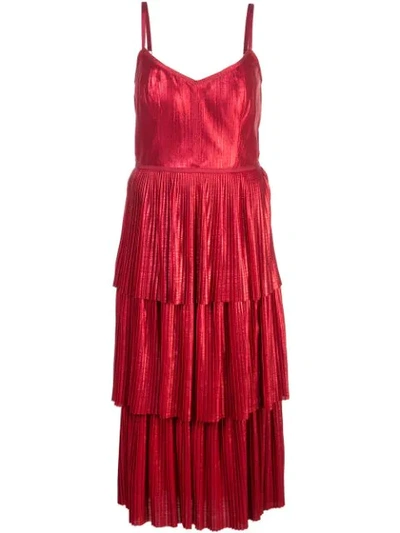 Marchesa Notte Pleated Lamé Midi Dress In Red