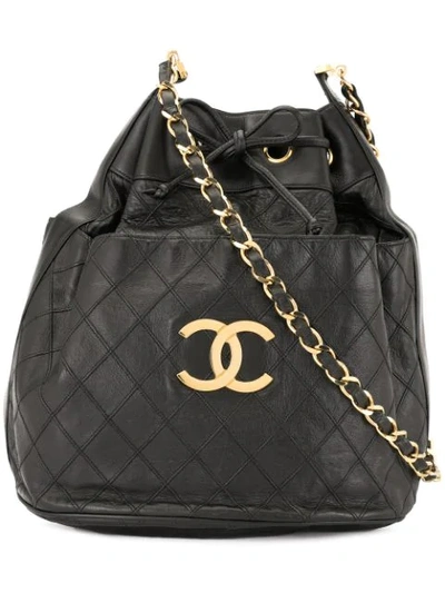 Pre-owned Chanel 1989-1991 Cosmos Quilted Cc Logos Shoulder Bag In Black