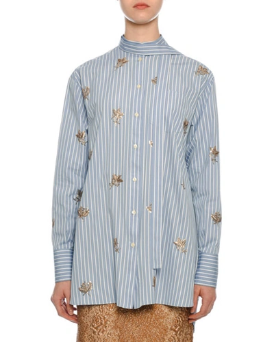 Valentino Pinstriped Sequined Button-front Blouse In Blue