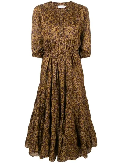 Zimmermann Floral Flared Dress In Gold