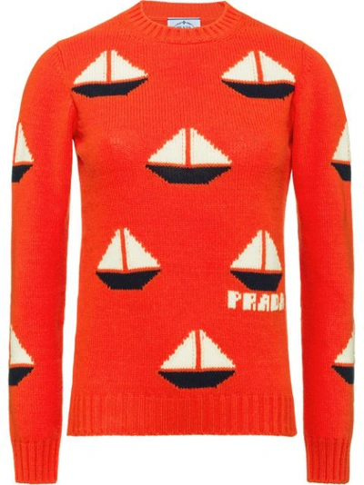 Prada Sailboat-intarsia Wool-blend Sweater In Orange