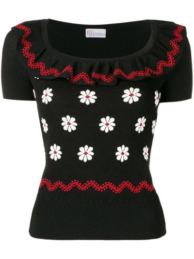 Red Valentino Floral Intarsia Knitted Top In Black